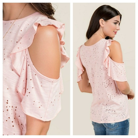 *Summer Sale* Cold shoulder distressed ruffle top - Picture 2 of 2
